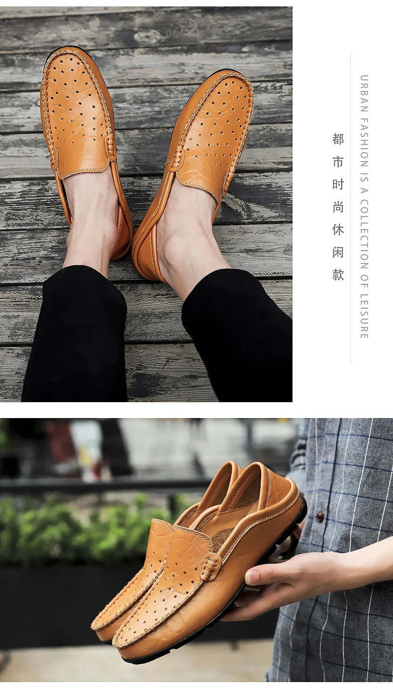 Men's Driving Shoes Large Size Loafers Hollow out Casual Bean Bean Shoes Leather Slip-On Footwear for Men