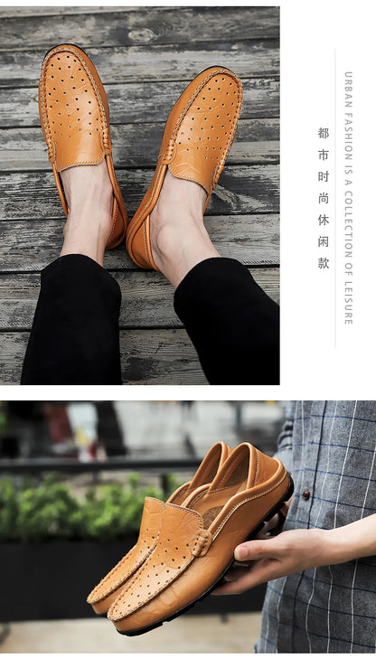 Men's Driving Shoes Large Size Loafers Hollow out Casual Bean Bean Shoes Leather Slip-On Footwear for Men