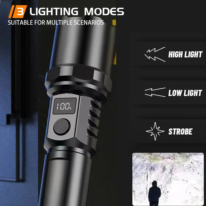 10000LM High Power LED Flashlight Long-range USB C Rechargeable Flashlight Power Display Zoom Lantern For Outdoor Camping Torch