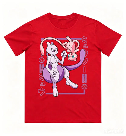 Pokémon Mewtwo Mew Printed Pure Cotton T-shirt for Men and Women Spring/Summer New Collection Fashion Short Sleeved Shirt