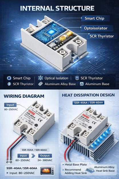 SSR-25AA 40AA 60AA AC Solid State Relay Single Phase AC-AC 80-250VAC Input 24-380VAC Output