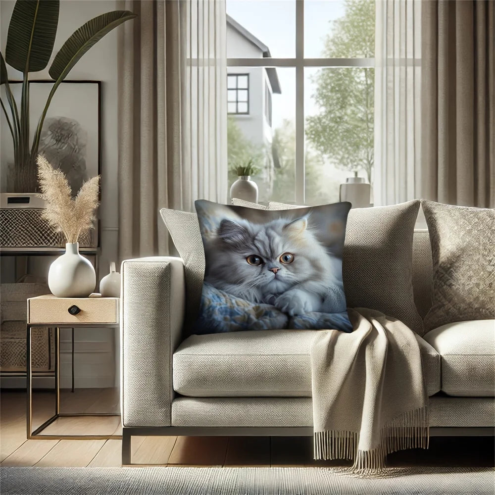 Realistic Cat Pillowcase, Fluffy Persian Cat Cushion Cover, Animal Portrait Art, Cozy Home Decor for Living Room Bedroom