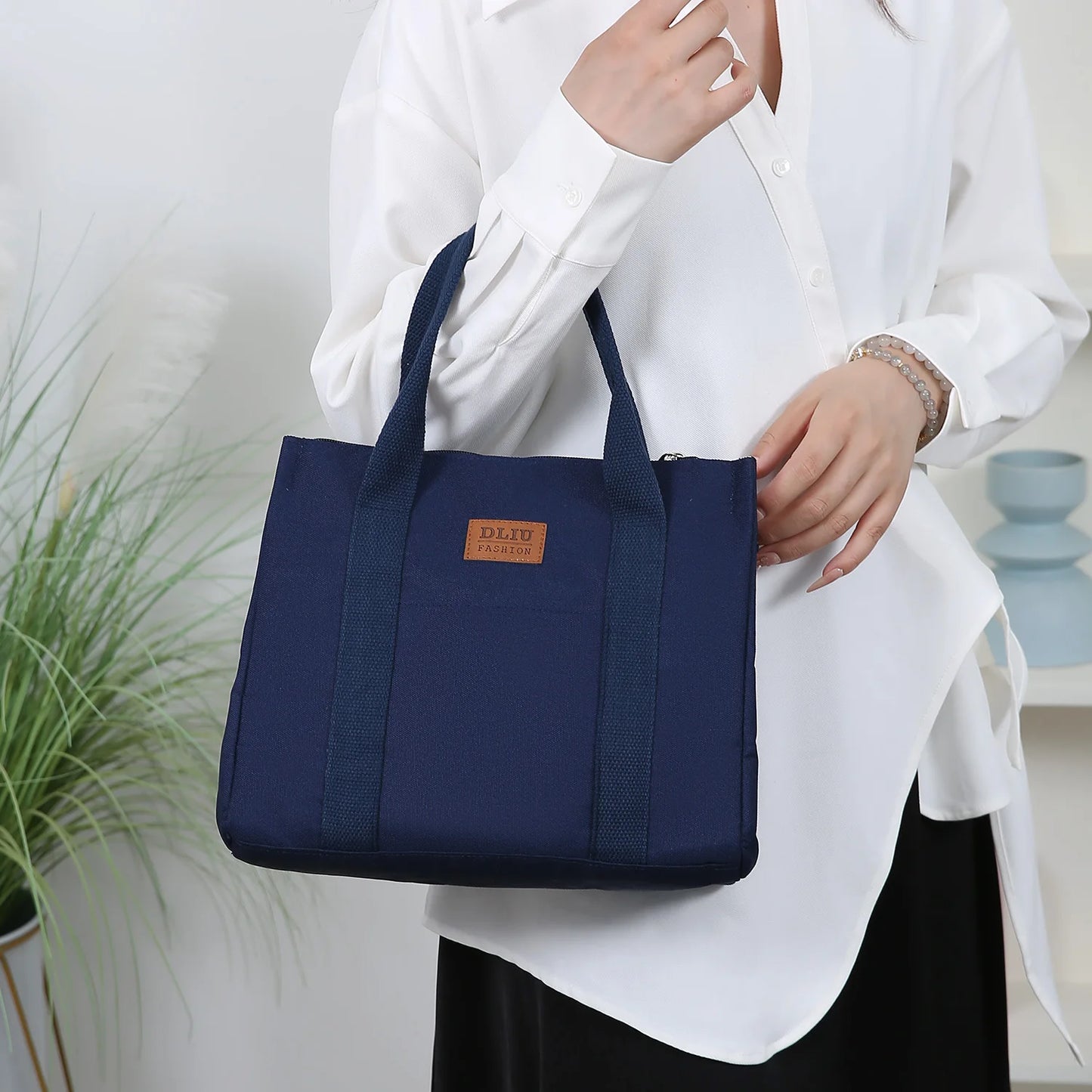Solid Color Lunch Bag, Tote Bag with Foil Inner Zipper Closure Large Capacity Portable, Work, School, Utility Bag with Meals