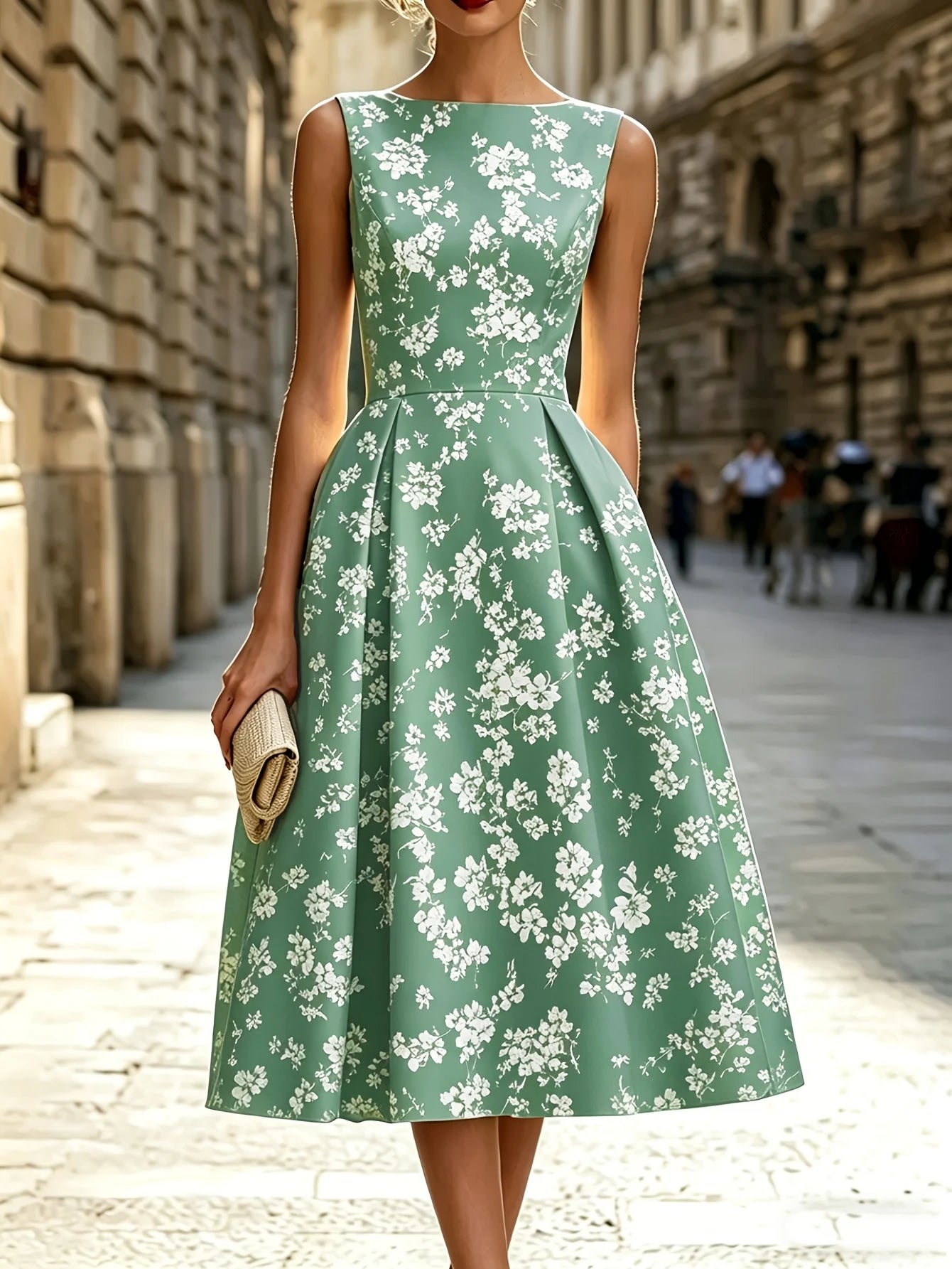 Floral Short-Sleeve Dress Round Neck Fitted Waist A-Line Mid-Length European Style French Charm Women's Casual Dresses