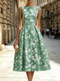 Floral Short-Sleeve Dress Round Neck Fitted Waist A-Line Mid-Length European Style French Charm Women's Casual Dresses
