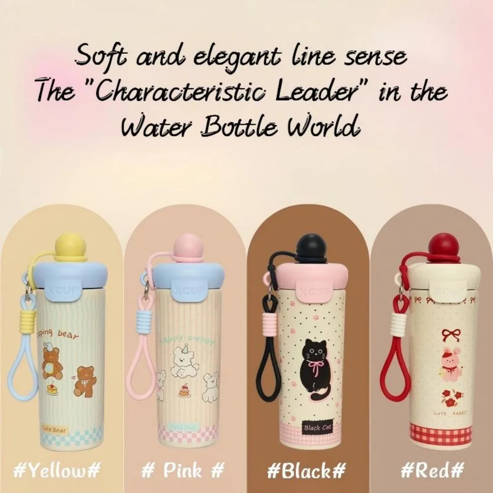 Cute Cat Thermal Water Bottle With Straw Bow Sticker Stainless Steel Thermos For Hot Cold Water Coffee Tea Thermal Cup 600ml