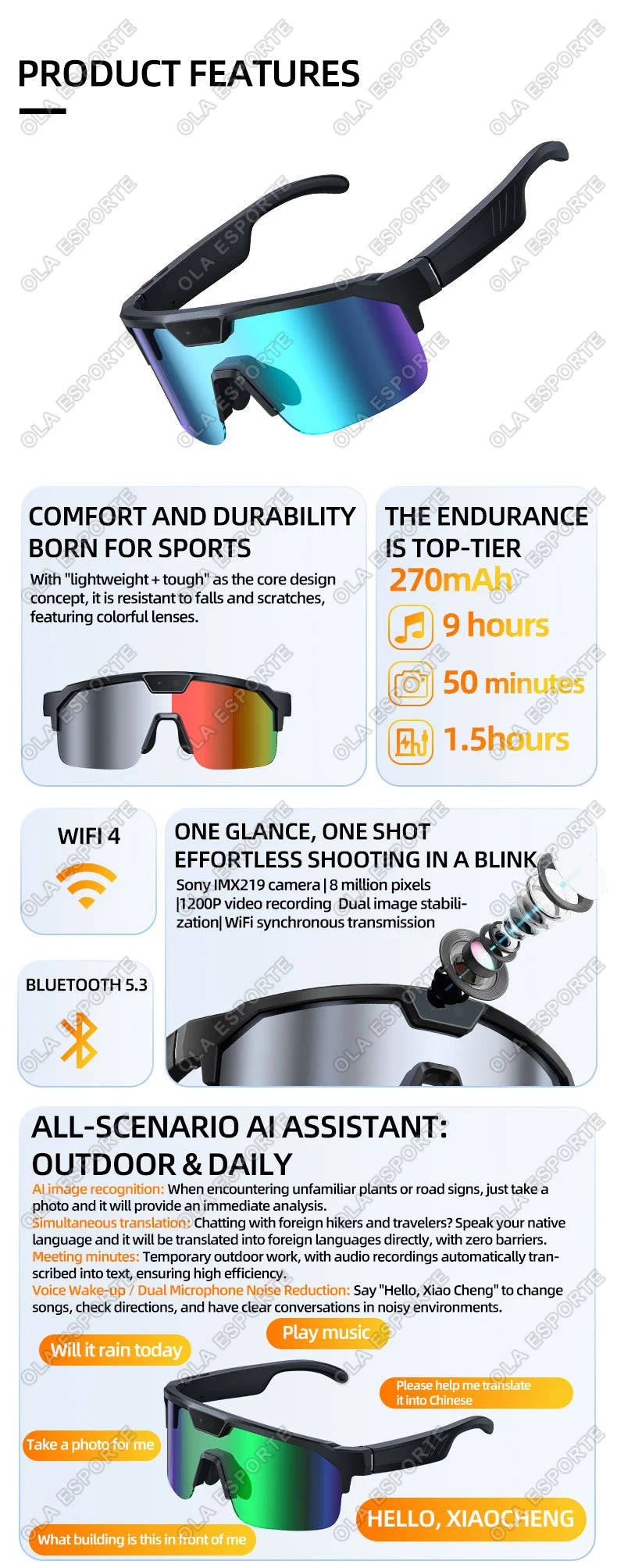 2026 New AI Smart Sports shooting&recording Glasses 800W Camera HD Anti-shake Bicycle Riding Shooting Artifact Windproof Goggle