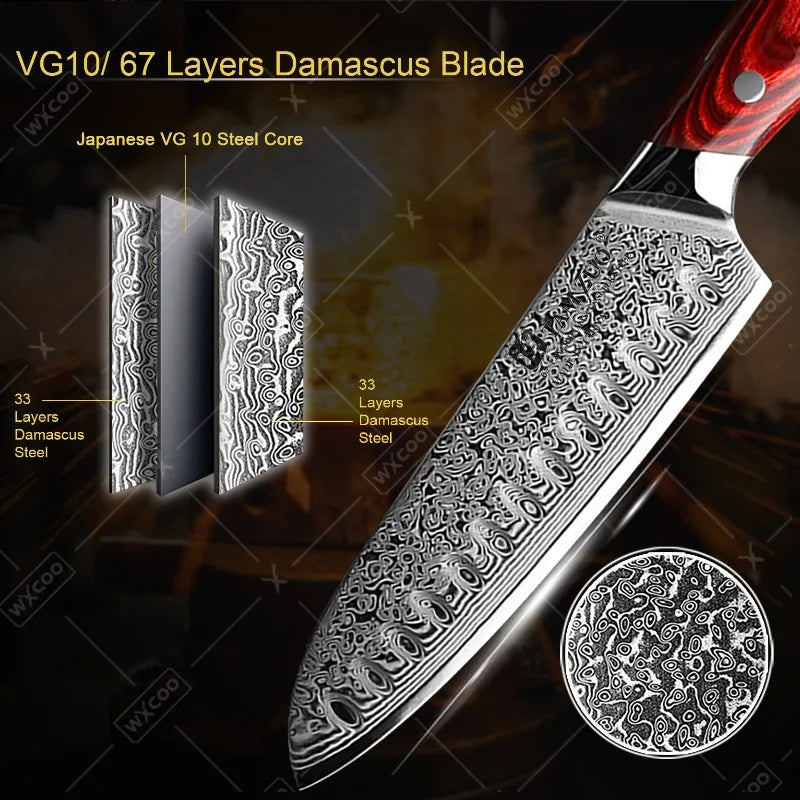 TAMZUO 7" Kitchen Santoku Knives Japanese Damascus Steel VG10 Kitchen Cooking Knife Meat Cutting Fruit Knife Wooden Handle