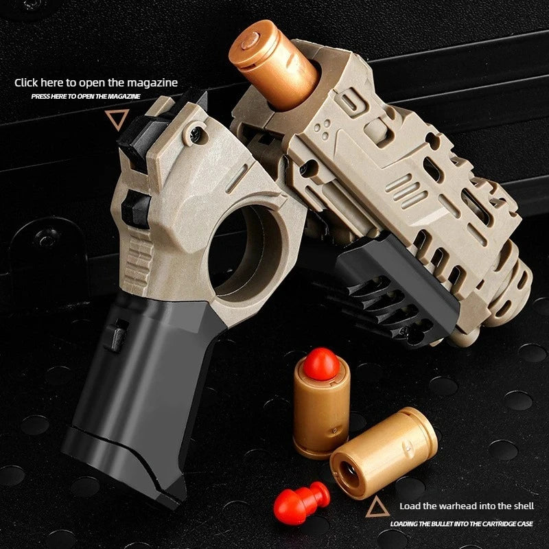 Shootable Toy Pistol with 1-Button Shell Ejection and Card Pushing Function, Black Technology Mini Handgun for Stress Relief