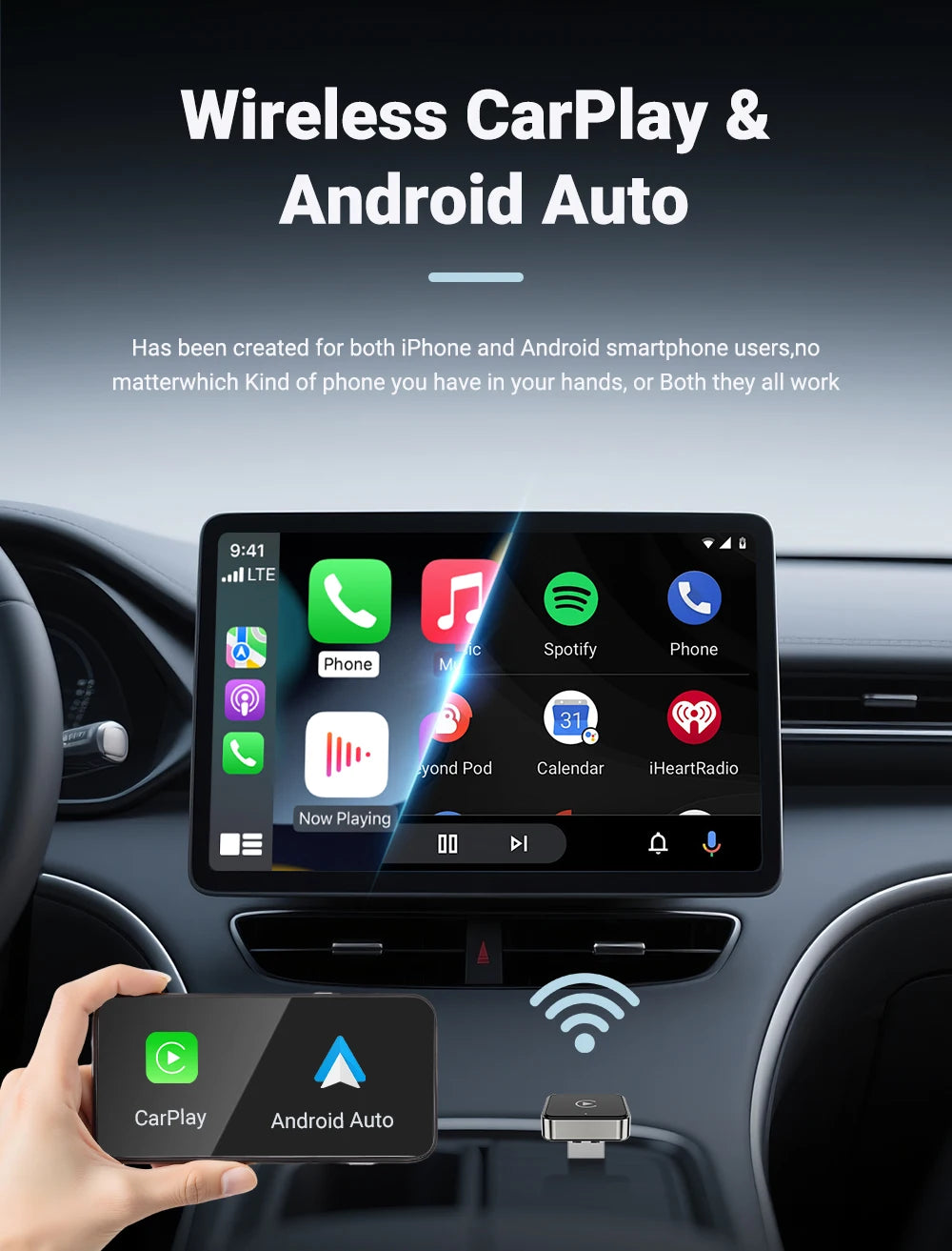 Bezprzewodowy CarPlay Android 2026 Nowy Inteligentny Adapter Samochodowy Bezproblemowy Plug&Play Stabilne połączenie BT WiFi Aktualizacja OTA Pasuje do 99% Pojazdów