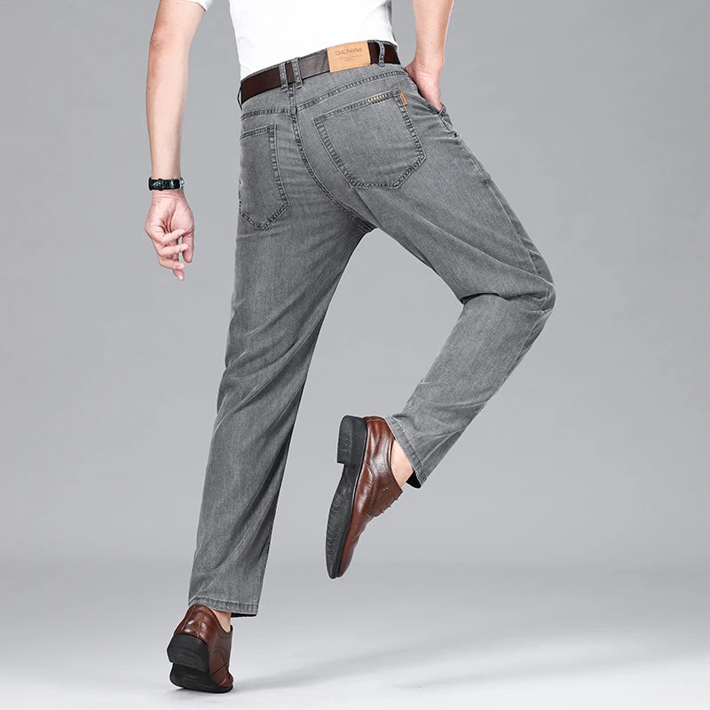 2026 Summer Brand Clothing New Men's Straight Loose Business Casual Lightweight Jeans Classic Embroidered Elastic Denim Pants