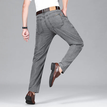 2026 Summer Brand Clothing New Men's Straight Loose Business Casual Lightweight Jeans Classic Embroidered Elastic Denim Pants