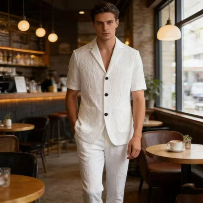 KIDWHXR Summer Man Suit Set Korean Thin Slim Short Sleeve Male 2-piece Outfit Men Single-breasted Blazer Elastic Waist Pant