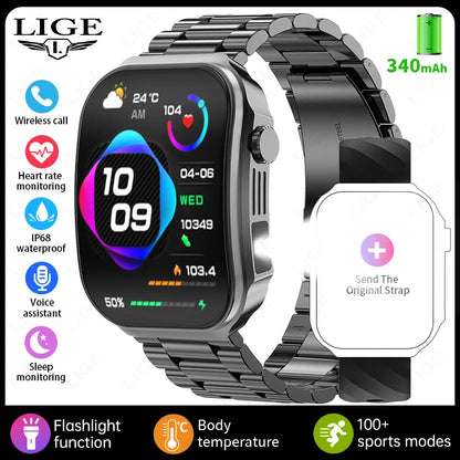LIGE Nowy smartwatch z zakrzywionym ekranem 3D o przekątnej 2,2 cala z podświetleniem LED, termometrem, monitorem zdrowia, połączeniami BT i funkcjami sportowo-fitnessowymi