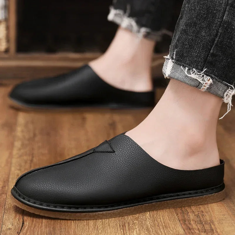 Fashion Leather Men Casual Shoes Slip on Man Loafers Breathable Soft Half Slippers Summer Flats Lightweight Lazy Driving Shoes