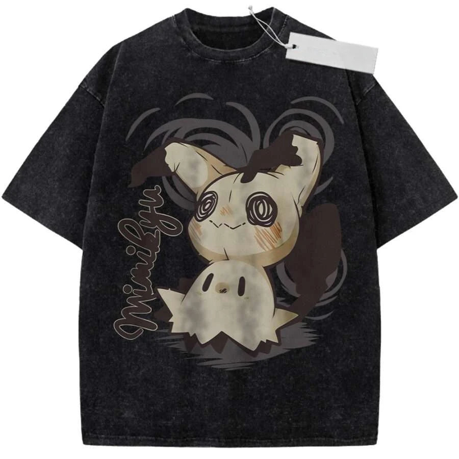 Oversize Vintage Washed Pokemon T Shirt Cute Mimikyu Cartoon with Small Ghost Companion Graffiti Print Streetwear Casual Wear