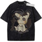 Oversize Vintage Washed Pokemon T Shirt Cute Mimikyu Cartoon with Small Ghost Companion Graffiti Print Streetwear Casual Wear