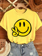 Women's Geometric Joyful Face Smile Print T-Shirt Casual Short Sleeve Crew Neck Top Comfort Summer Woman Clothing