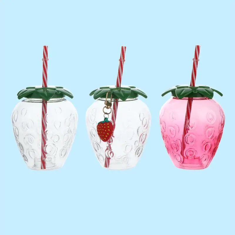 ✔Strawberry Shaped Plastic Cup With Straw Cute Water Bottle Portable Drinking Cup Beverage Cups For Summer Party Home Use