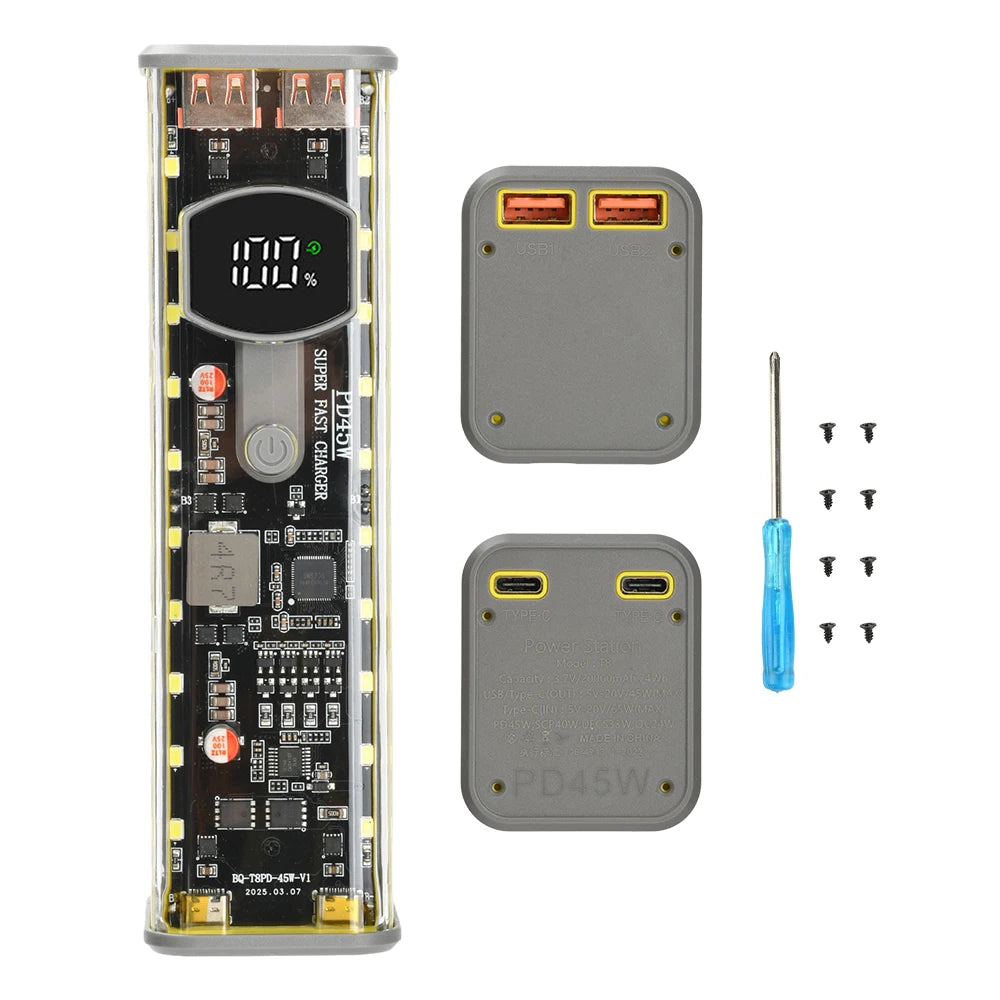 8×18650 battery case, DIY battery storage box with PD 45W super-fast charging, solder-free power bank casing, with outdoor light