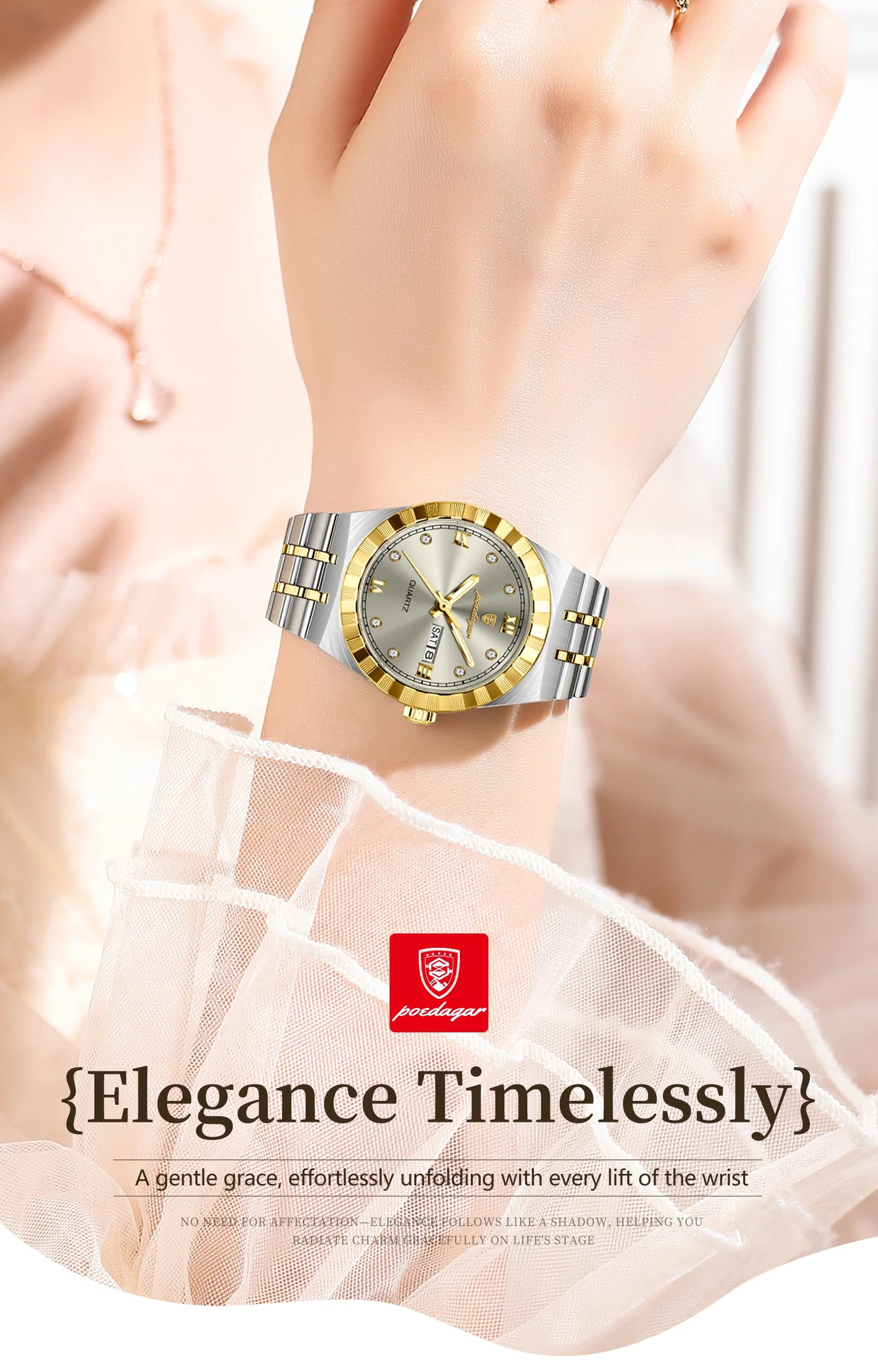POEDAGAR Elegant Casual Ladies Watch Luminous Waterproof Week Date Fashion Woman Wristwatch Stainless Steel Women Quartz Watches