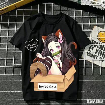2026 Summer Demon Slayer Nezuko Cherry Blossom Butterfly Print Cotton T-Shirt Adult Kids Casual Loose Breathable Anime Tops Y2k
