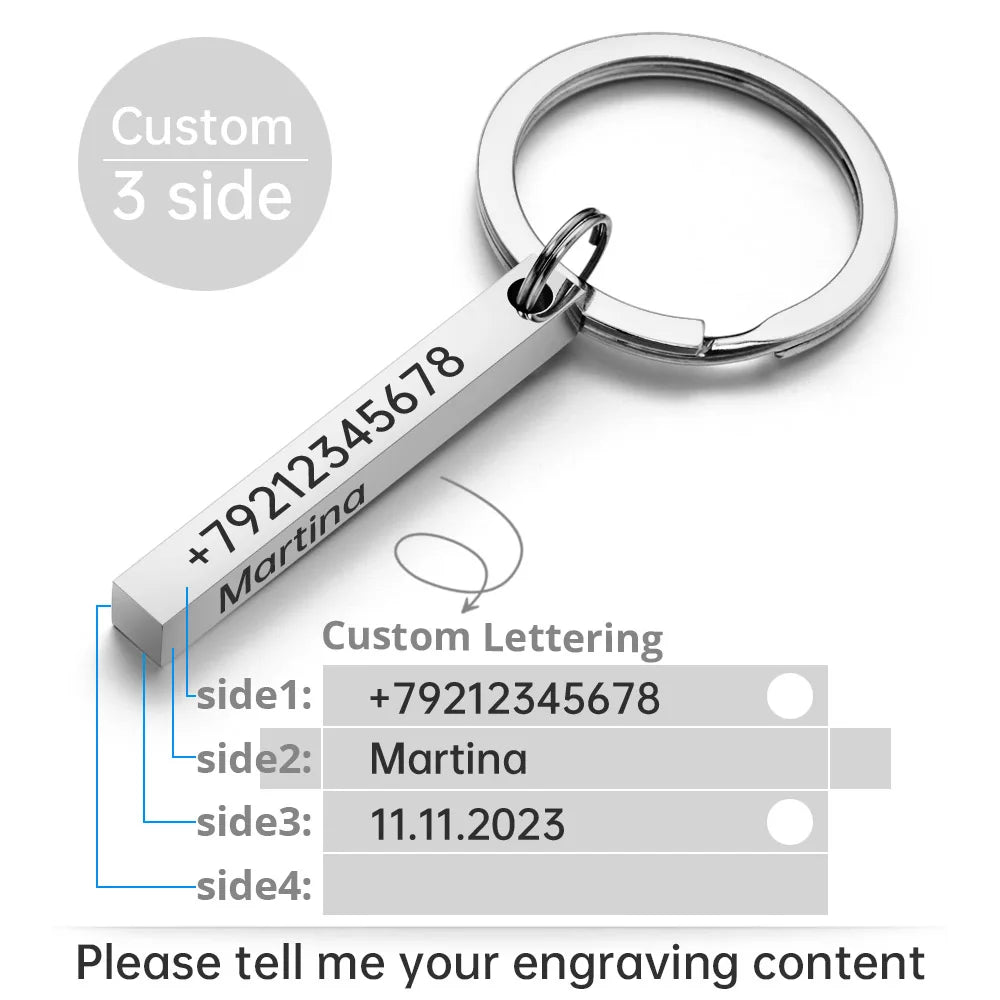 Personalize Keychains 3D Bar Stainless Steel Keyrings 4 Sides Engrave Text Name Date Logo Custom Key Chains Rings Love Gift P039