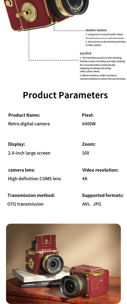 4K Retro Digital Camera 64MP Ultra Clear Pixels 16X Zoom 20 HD Screen Portable CCD Vintage Camera For Beginners And Students