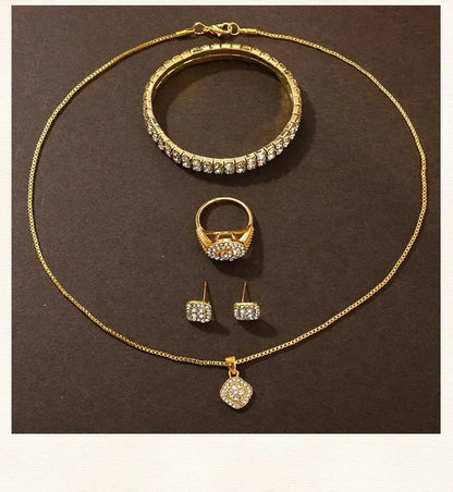 Golden Watch Women Ring Necklace Earrings Rhinestone Fashion Wristwatch Female Casual Ladies Watches Bracelet Set Clock