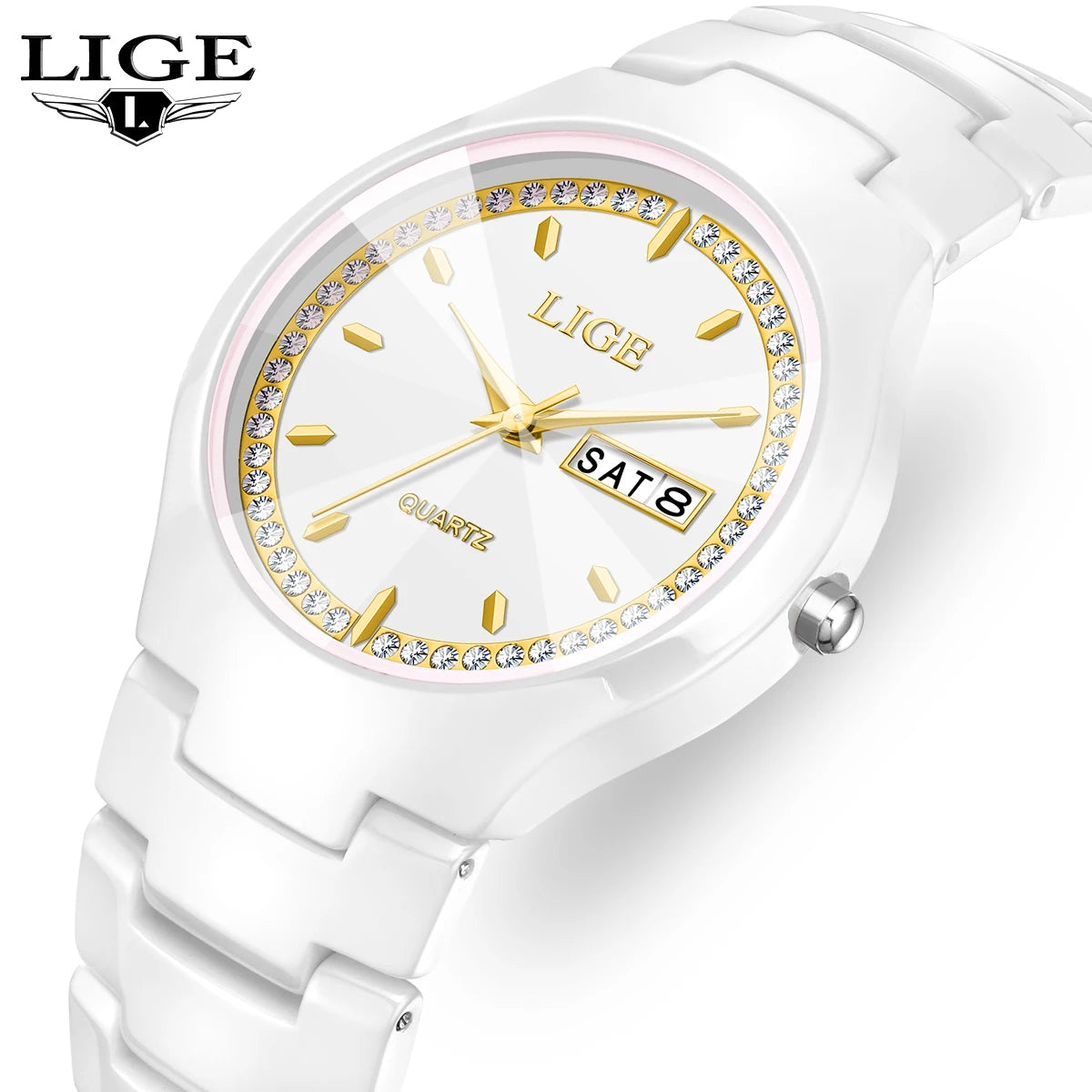 LIGE Women's wristwatch elegant women's watch ceramic quartz waterproof clock week calendar fashion Watch for Women reloj mujer