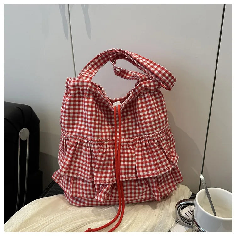 Cute Plaid Cotton Tote Bag Large Capaci Lace Trim Women's Summer 2026 Simple Lady Handbag Soft Shoulder Bags Bolsa Feminina