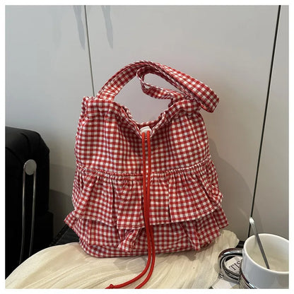Cute Plaid Cotton Tote Bag Large Capaci Lace Trim Women's Summer 2026 Simple Lady Handbag Soft Shoulder Bags Bolsa Feminina