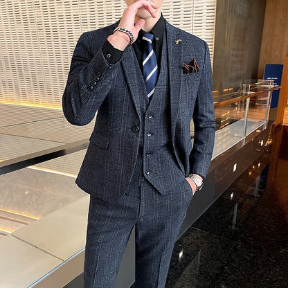 Boutique Suits (Blazer+ Vest + Pants) Men Fashion Hosting Work Business Wedding Casual Linen Art Style Elegant Gentleman's Suit