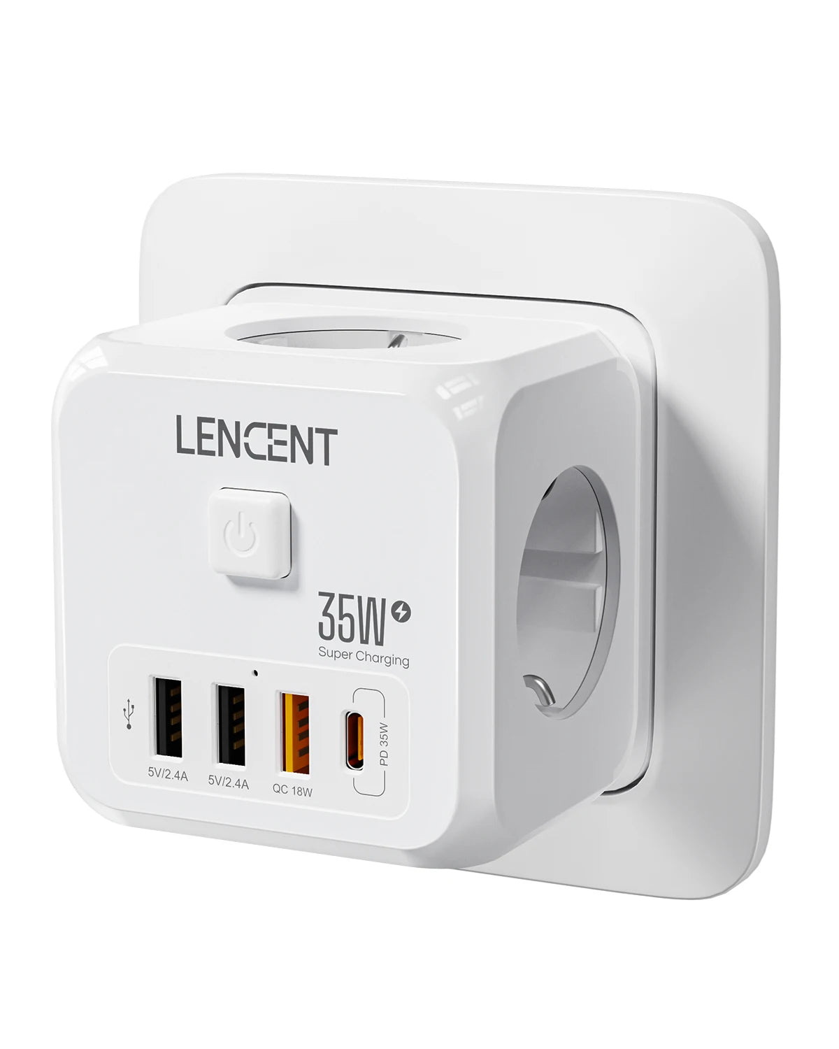 LENCENT EU Plug Power Strip with  3 AC Outlets +3 USB Charging Ports+ 1 Type C 5V 2.4A  Adapter 7-in-1 Plug Socket On/Off Switch