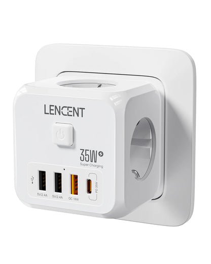 LENCENT EU Plug Power Strip with  3 AC Outlets +3 USB Charging Ports+ 1 Type C 5V 2.4A  Adapter 7-in-1 Plug Socket On/Off Switch