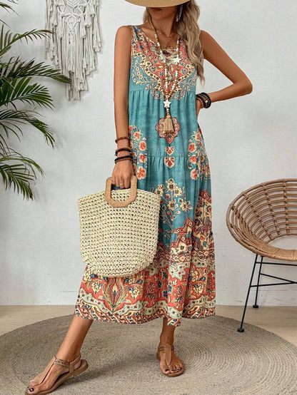 Holidaya Ladies Summer Floral Print Round Neck Sleeveless Dress For Casual Or Vacation Maxi Vacation Beach Outfits Women