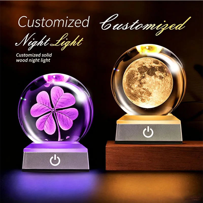 Personalized Custom Laser Engraved Crystal Ball Night Light Wooden Base Gift Commemorate Family and Important Days