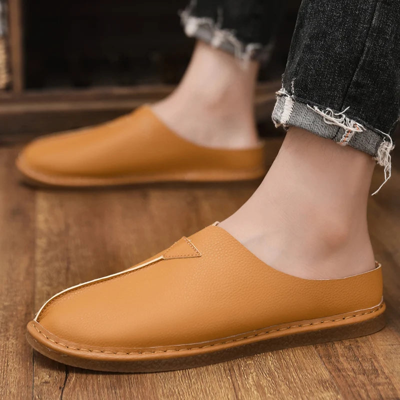 Fashion Leather Men Casual Shoes Slip on Man Loafers Breathable Soft Half Slippers Summer Flats Lightweight Lazy Driving Shoes