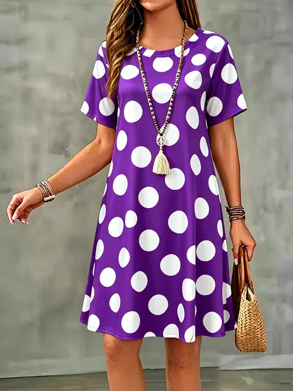 New Summer Women Dress Polka Dots Print Short Sleeve O-Neck  A-Line Dress Casual Loose Beach Sundress