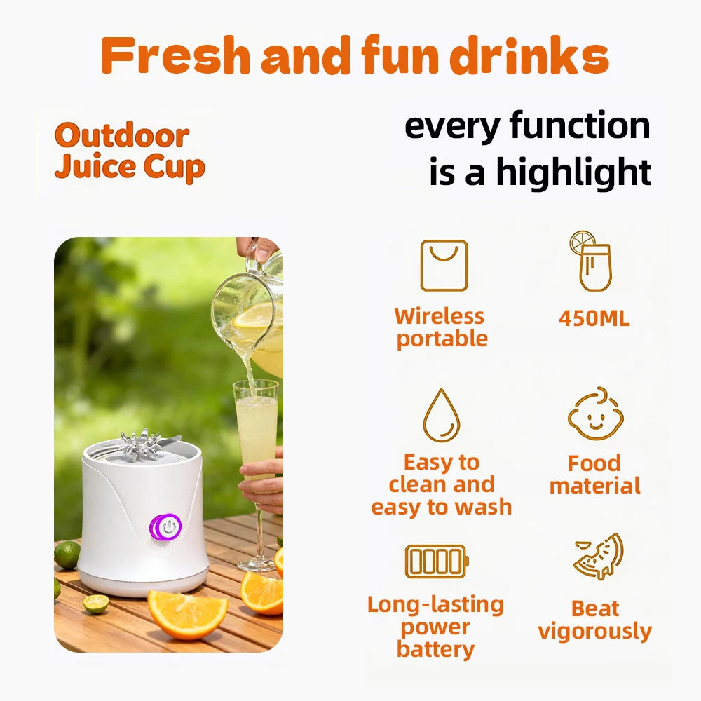 Portable Electric Juice Cup 15oz/450ml 12-Blade USB-C Mini Smoothie Blender Maker