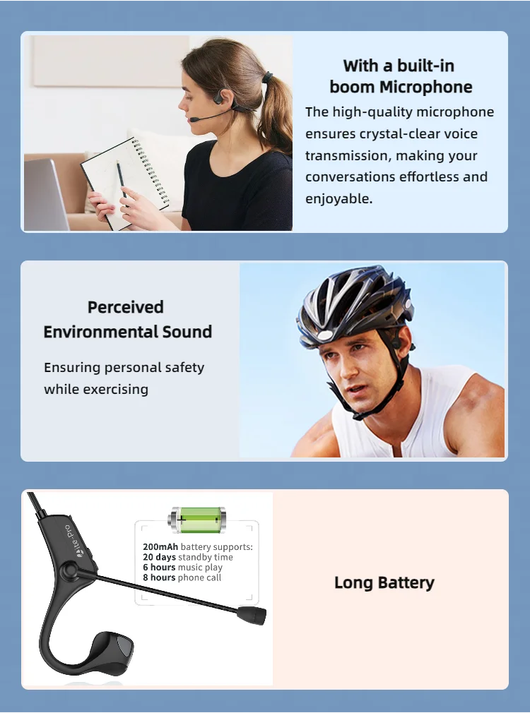 Open Ear Bone Conduction Headphones with dual microphone Wireless Bluetooth Headphone with Mic Headset for work/business/Cycling