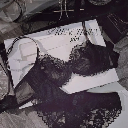 Chic French Ultra-thin Lace Lingerie Set, Large Breasts See-through Underwire Bra,small Bust Lift Elegant Soft Feminine Set S-xl