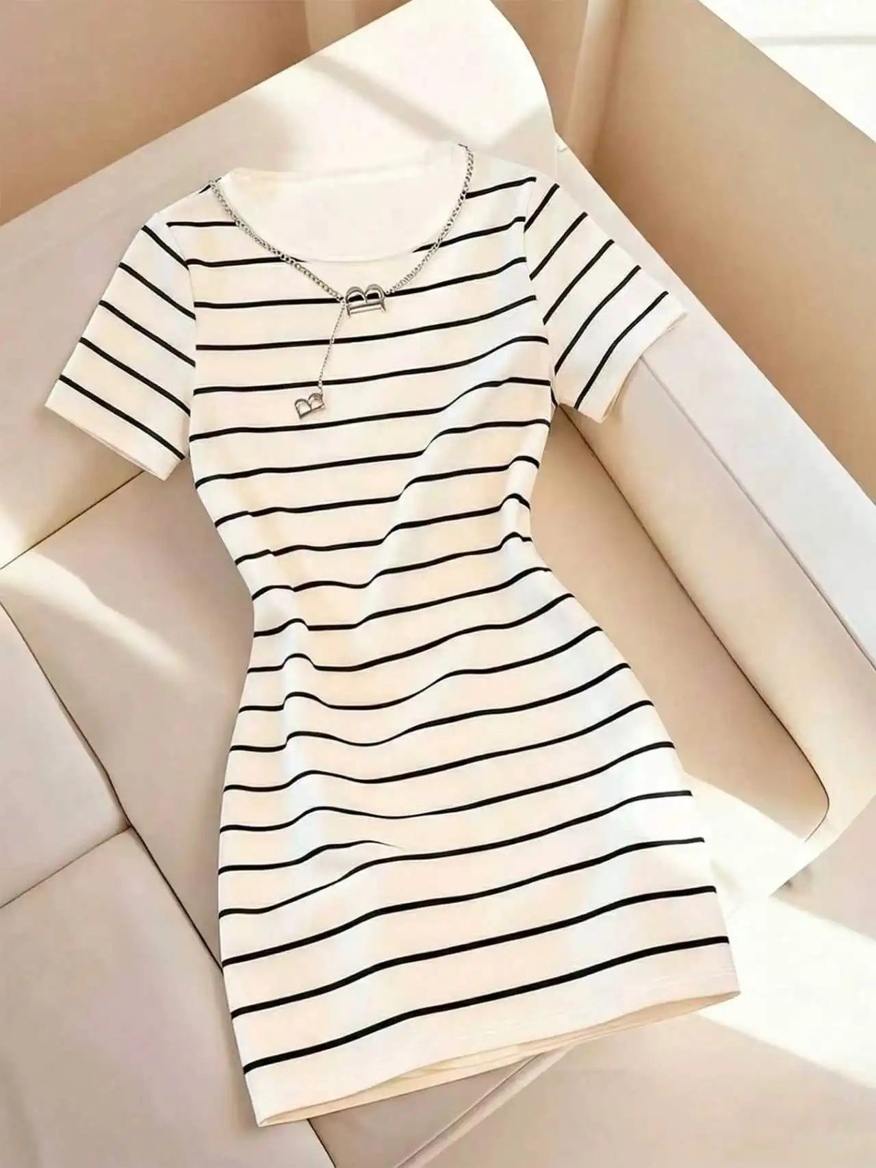 Spring Summer Elegant Casual Sexy Striped Print round Neck Short Sleeve Wrap around Skirt Dress for Women