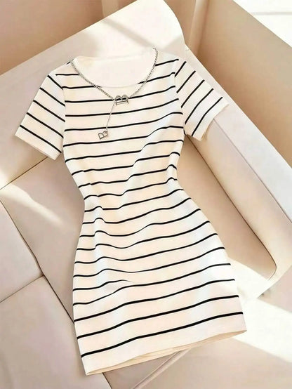 Spring Summer Elegant Casual Sexy Striped Print round Neck Short Sleeve Wrap around Skirt Dress for Women