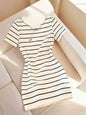 Spring Summer Elegant Casual Sexy Striped Print round Neck Short Sleeve Wrap around Skirt Dress for Women