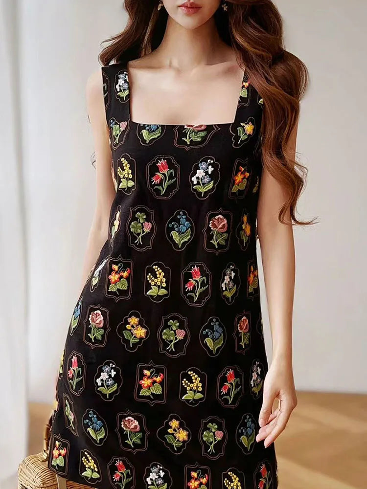Summer Embroidery Spaghetti Strap Dress Women's Dress Square Collar Sundress Knee-Length A-LineSkirt Y2K 2025 DABUWAWA DM2BDX003