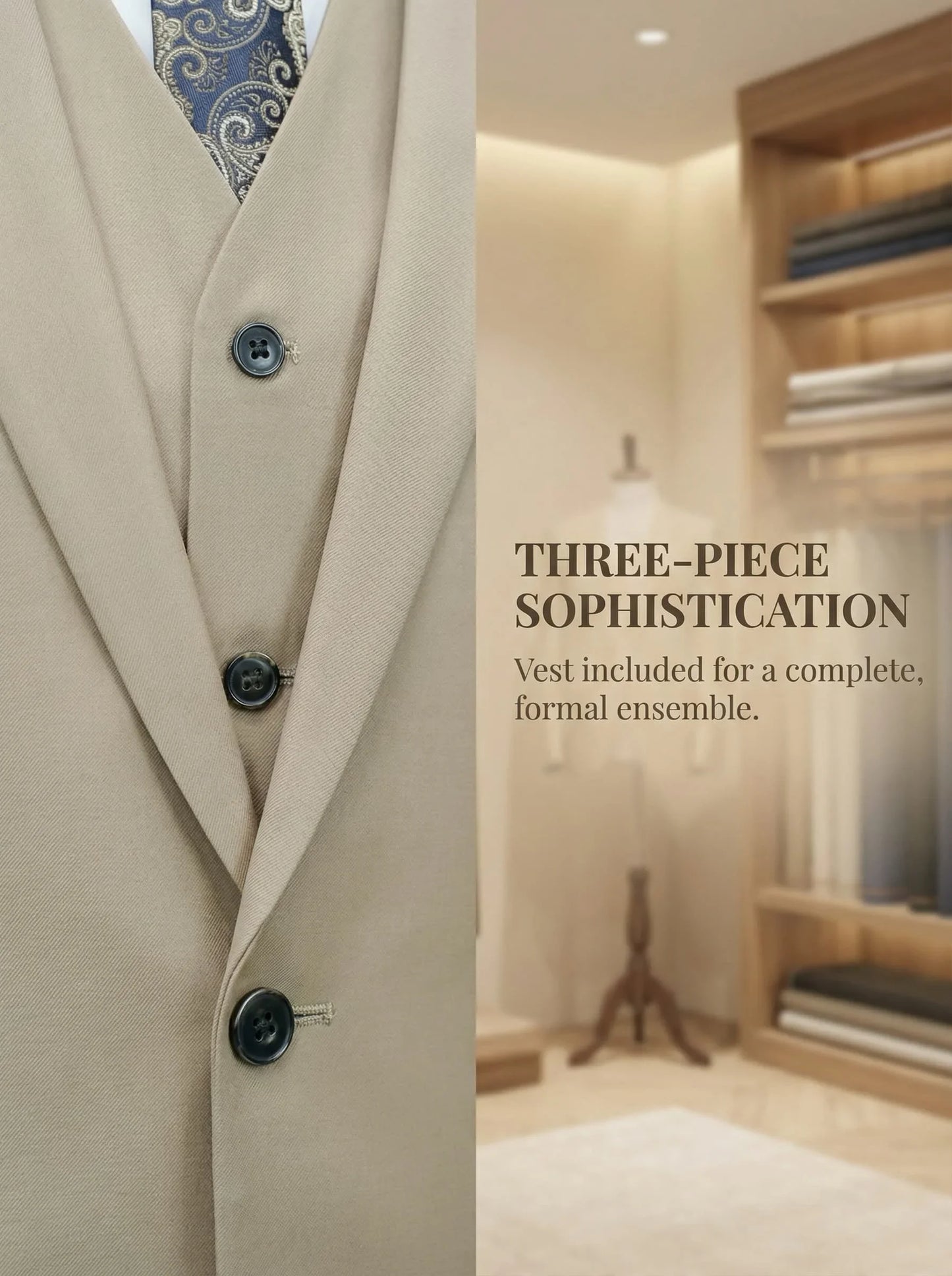 Men's Smart Casual 3-Piece Suit Single Breasted Solid Slim Fit Elegant Office Party Wedding Set