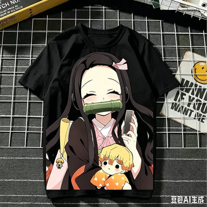 2026 Summer Demon Slayer Nezuko Cherry Blossom Butterfly Print Cotton T-Shirt Adult Kids Casual Loose Breathable Anime Tops Y2k