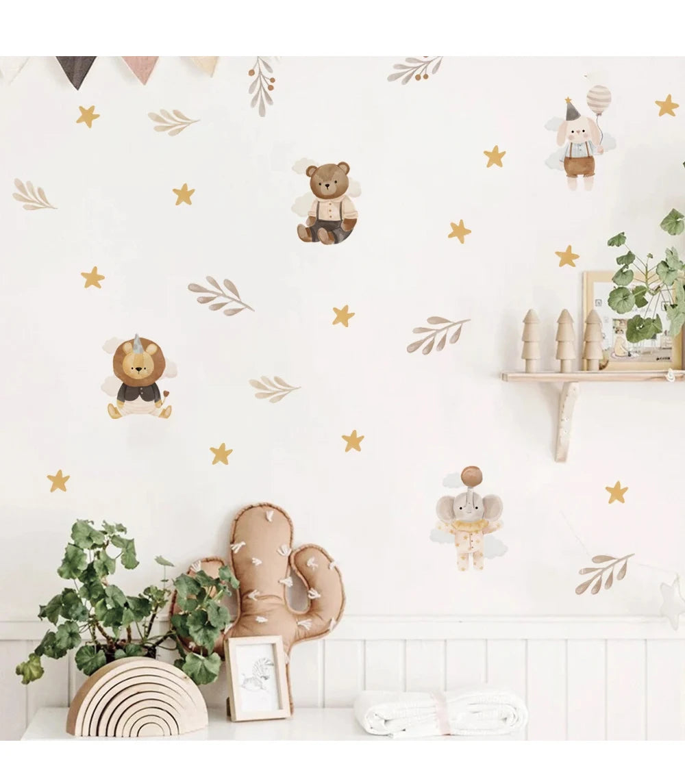 Boho Cute Cartoon Animal Elephant Lion Star Dreamy Wallpaper Stickers For Baby Girl Room Wall Decals Interior Playful Room Decor