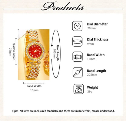 Golden Luxury Watch Women Ring Necklace Earring Rhinestone Fashion Wristwatch Casual Ladies Bracelet Watches Jewelry Set